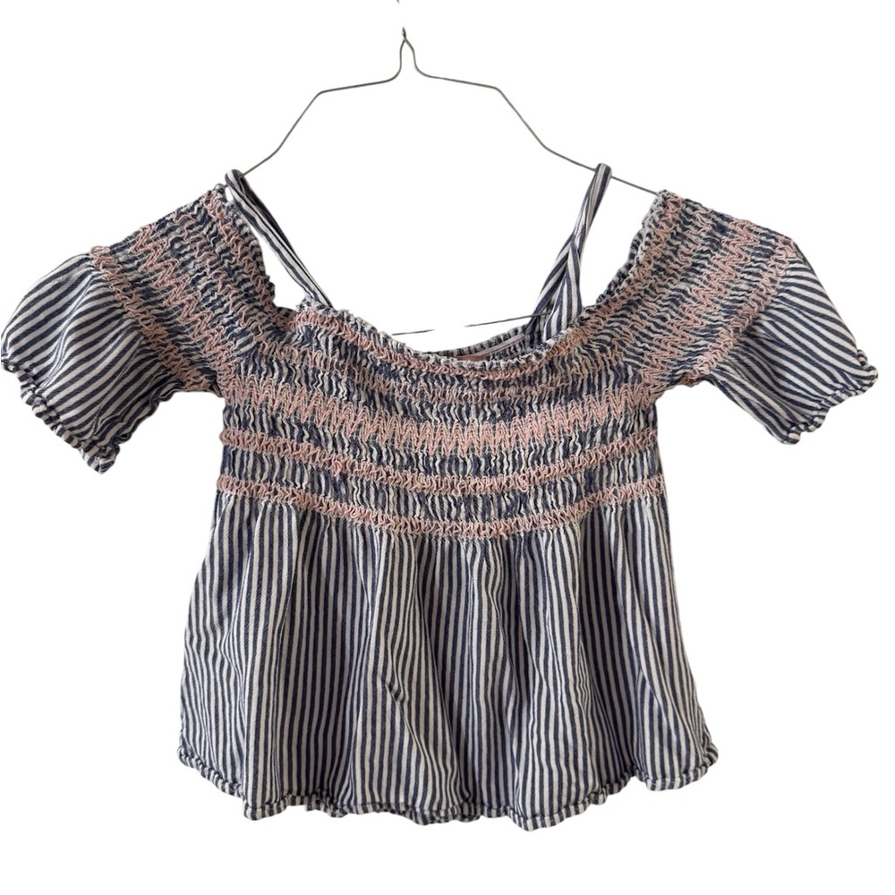 BCBGirls Blue and Pink Off-Shoulder Top